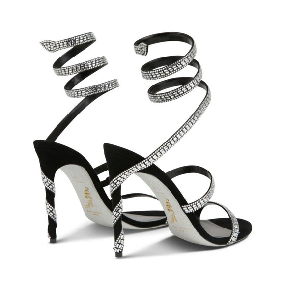 Rene Caovilla Margot Black Silver Crystal Ankle Wrap Strap Sandal Heel Pump 37 - Picture 10 of 13